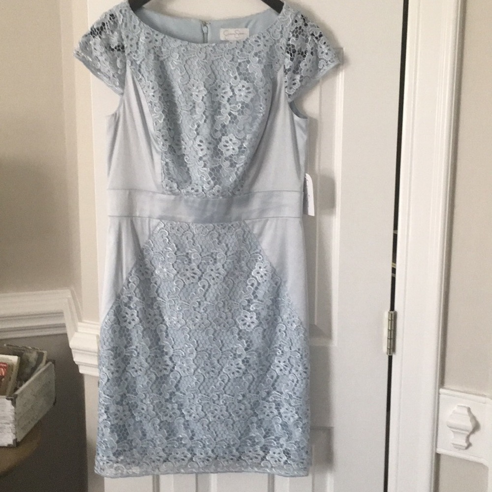 Jessica Simpson Powder Blue Lace Cap Sleeve Sheath Dress